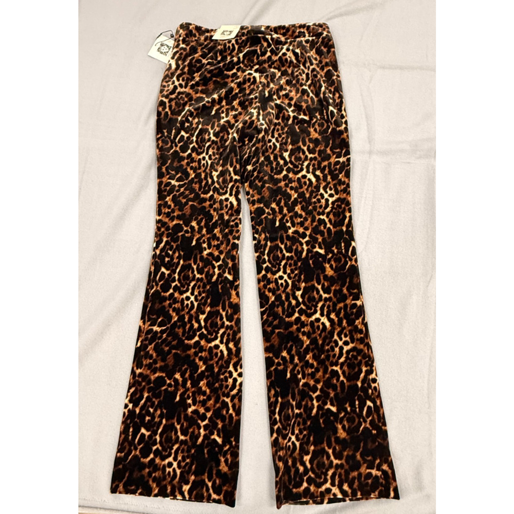 Anne Klein Pants Womens 6 Brown Leopard Print Velvet Flared Trousers Boho NWT - Picture 2 of 9